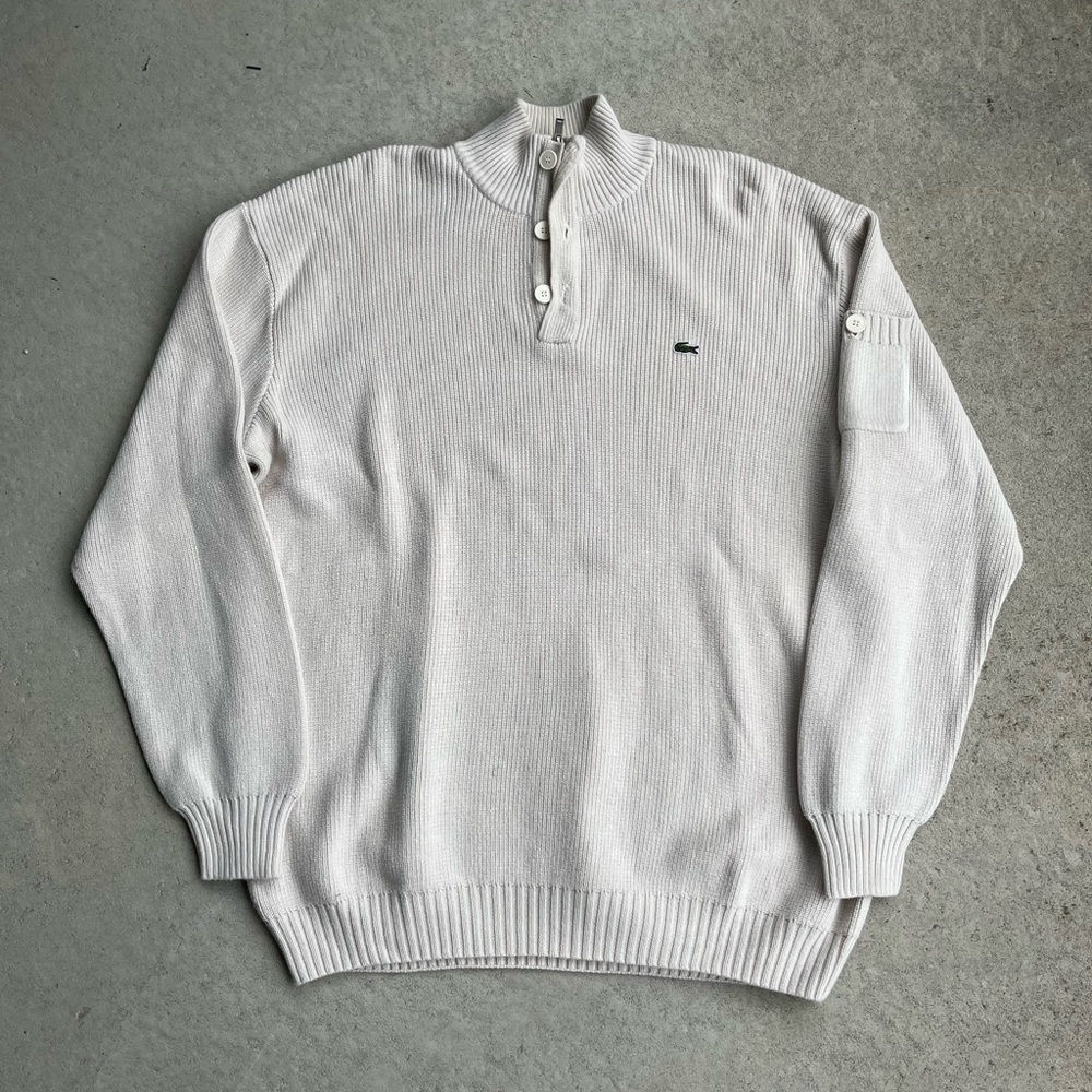 Lacoste White Zip Up Sweater with Ribbed Cuffs